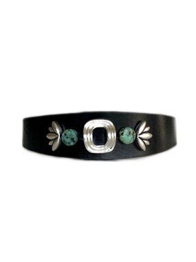 MishaGirl Handmade Black Leather Beaded Bracelet, African Turquoise and Silver